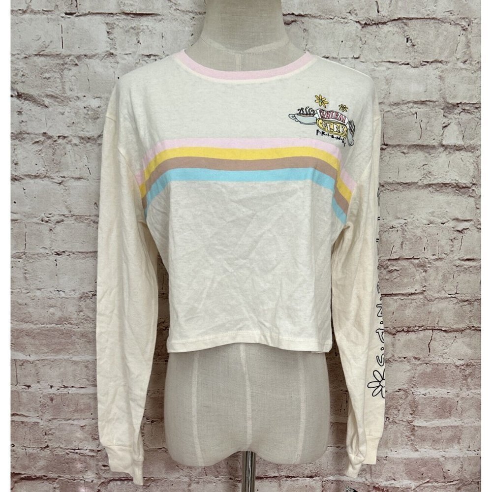 FRIENDS Central Perk Long Sleeve Crop Top Tee Shirt Ivory Juniors Size XS NEW